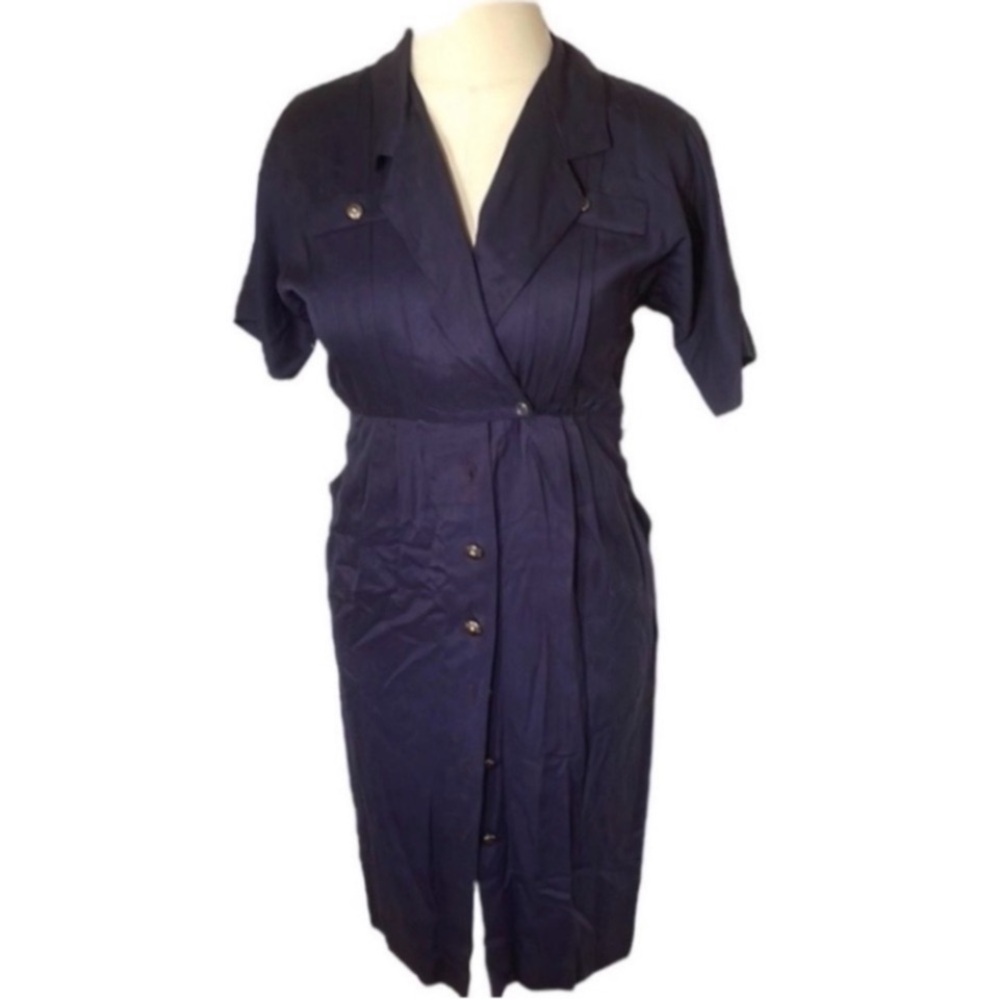 Vintage StudioI Shirt Dress Navy Blue Collar Utility Button Down 80s USA Pockets - Picture 3 of 17